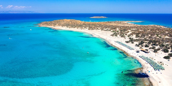 Aerial view of the exotic Chryssi island at the south of Crete, with the amazing Golden Beach, Greece